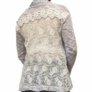 Miss Me Cardigan Size S Open Front Cream Lace Gray Knit Sweater